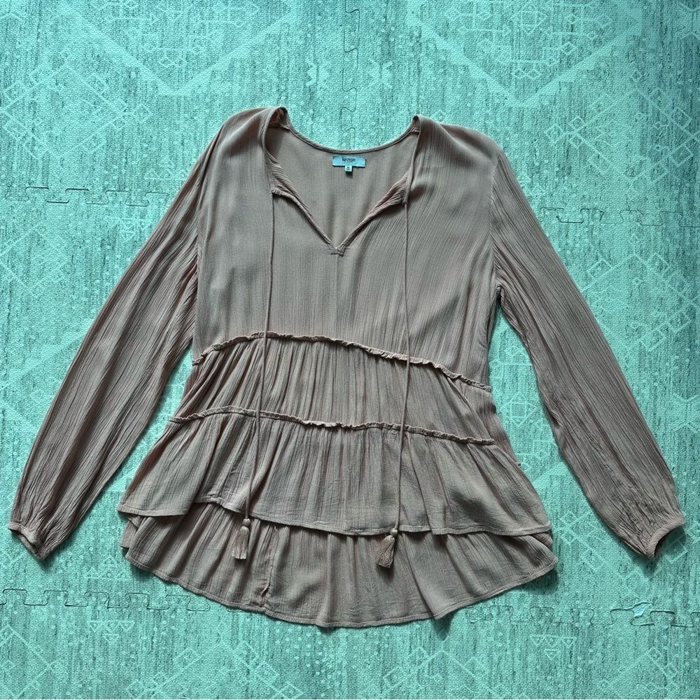 Kenzie Jeans Blush Pink Tiered Boho Coastal Ruffle Long Sleeve Blouse Top Size M